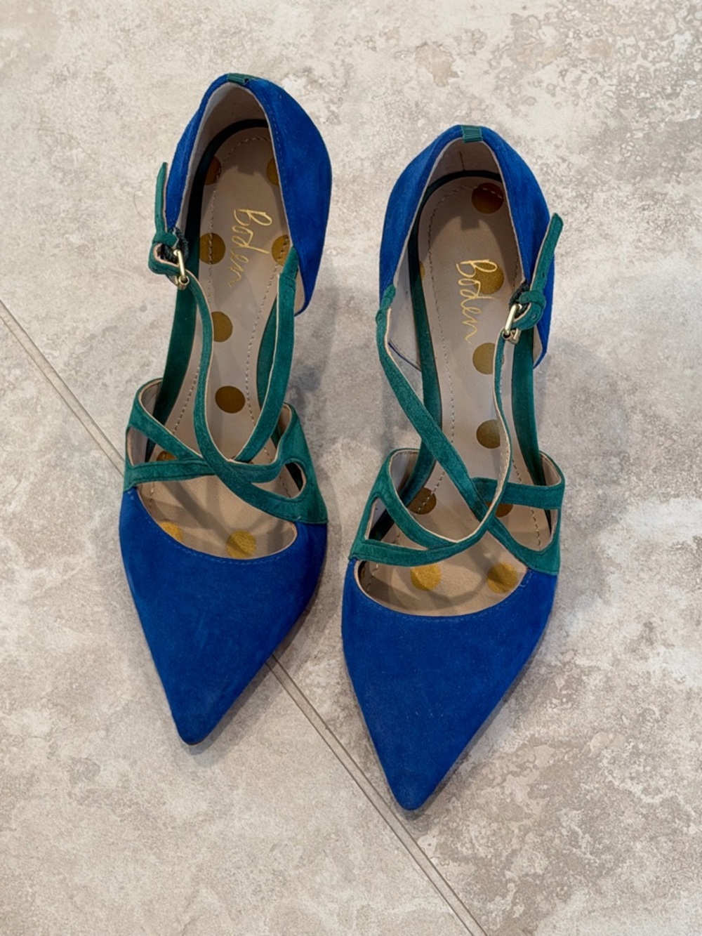 Boden Blue and Green Suede Pointed-Strap Heels